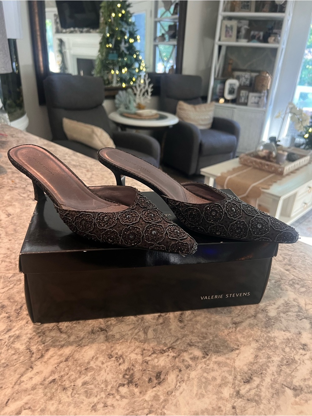 Valerie Stevens Black Beaded Pointed Toe Mules